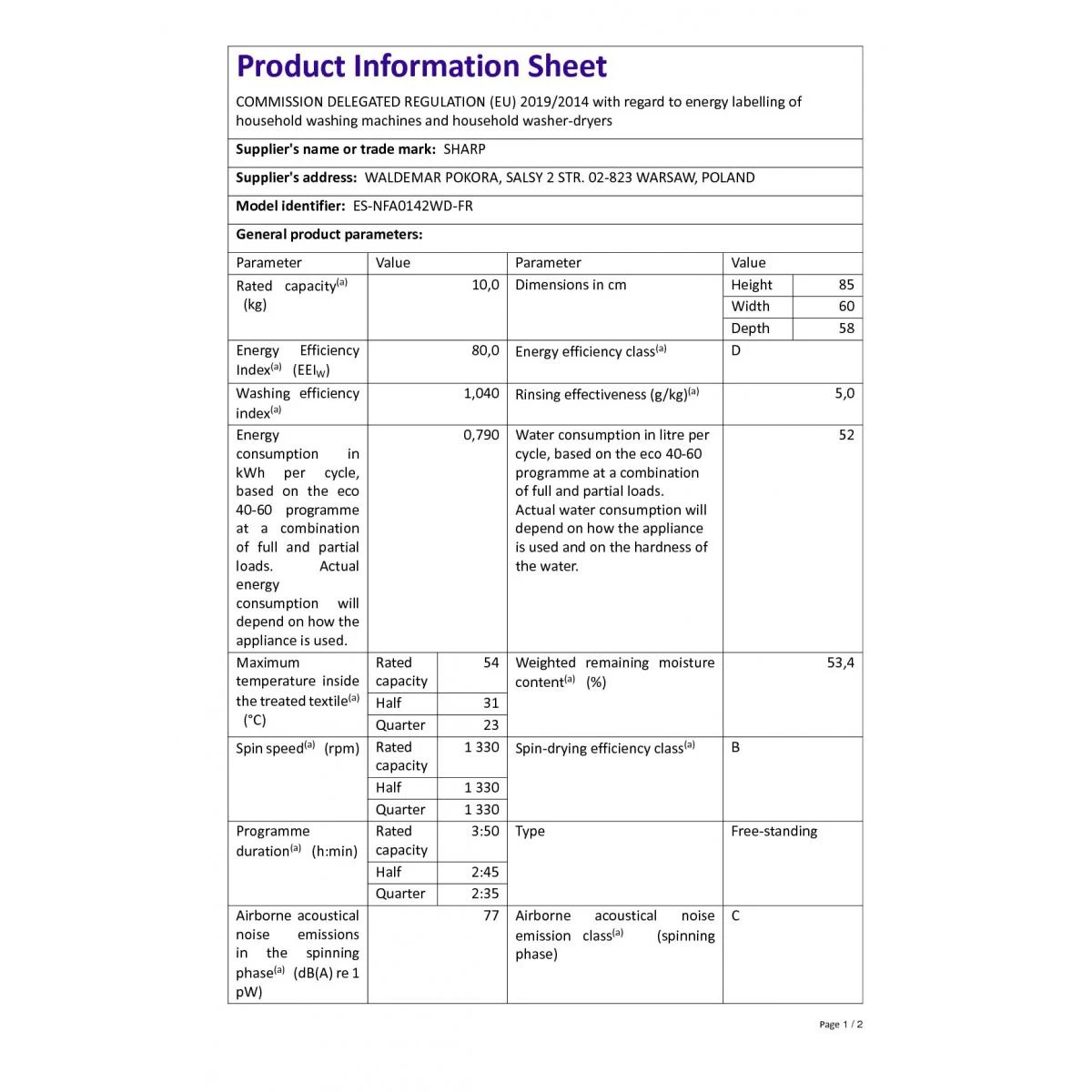 Lave-linge Hublot 10kg 1400 Tours/min - Esnfa0142wd - SHARP 4 Lave-linge Hublot 10kg 1400 Tours/min - Esnfa0142wd - SHARP – Image 2