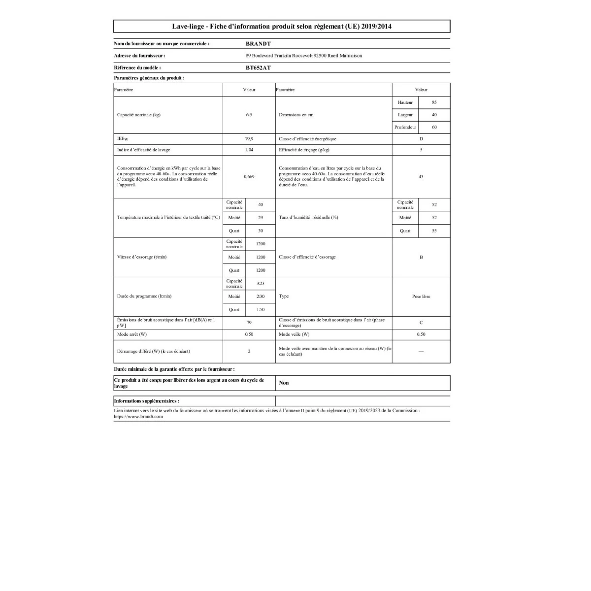 Lave-linge Top 6.5kg 1200 Tours/min - Bt652at - BRANDT 5 Lave-linge Top 6.5kg 1200 Tours/min - Bt652at - BRANDT – Image 3